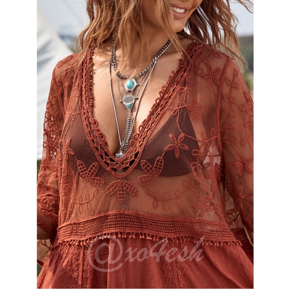 Burnt Orange Lace Coverup Dress Tunic Bohemian Short - Picture 5 of 10